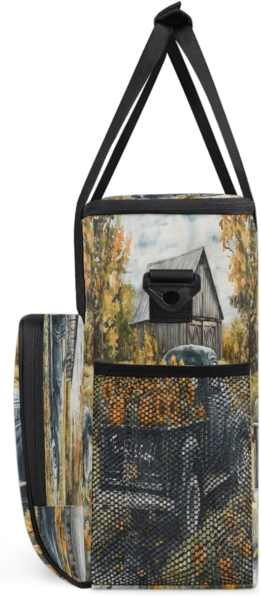 Wooden House Pumpkin Sunflower Truck Coffee Maker Carring Bag Travel Carrying Storage Tote Bag Compatible with Keurig K-Mini or K-Mini Plus Portable Single Serve Coffee Brewer Case with Pockets