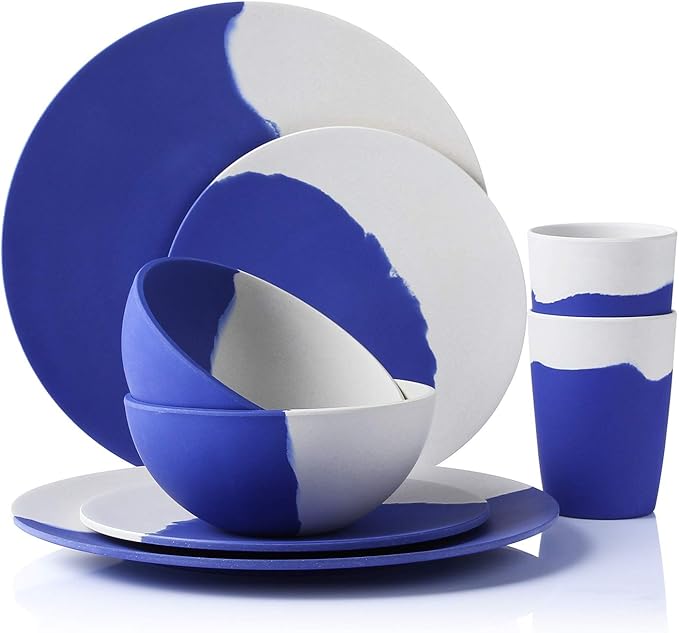 MORGIANA Bamboo Dinnerware Set 8-Pieces Reusable Tableware Set Eco-Friendly Plates Cups Bowls for Camping Picnic Outdoor Party (blue &amp white)