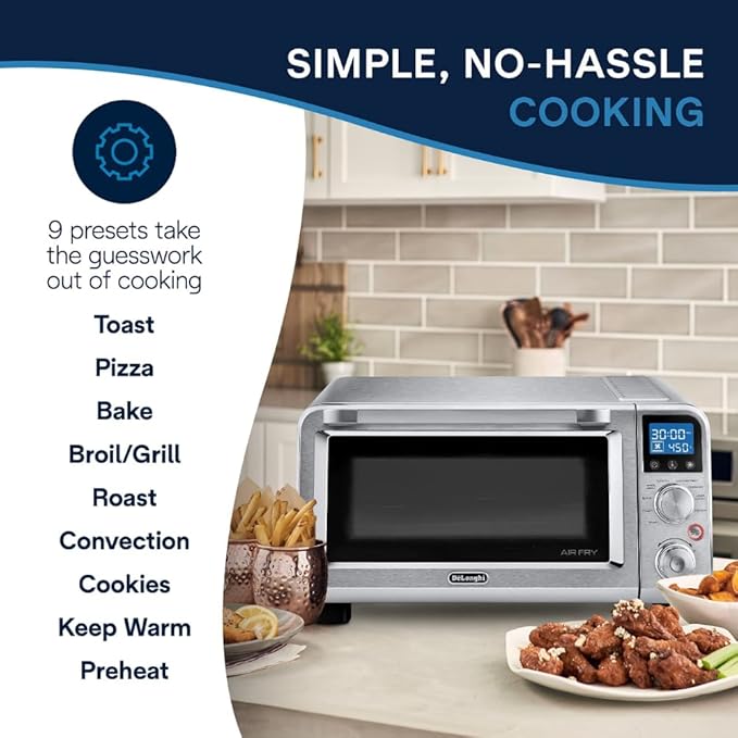 De'Longhi Digital Air Fry Convection Toaster Oven 14L Stainless Steel Air Fry Oven 9-in-1 Grills Broils Bakes Roasts Reheats Keep Warm Non-Stick Scratch-Resistant Interior 1800-Watts