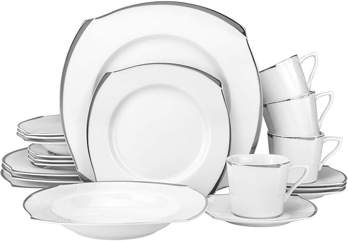 Royalty Porcelain Fancy Square 20pc Dinnerware Set 'Platinum Wave' Bone China