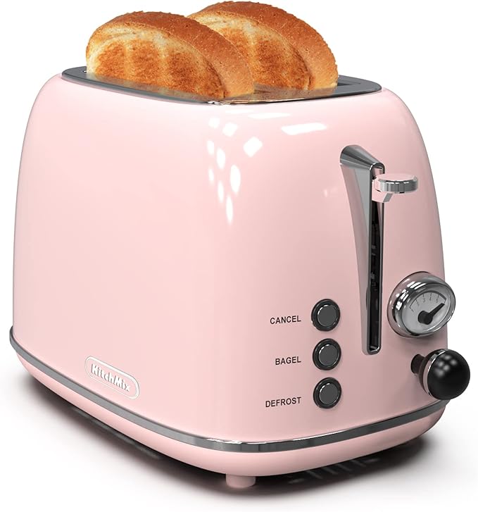 Toaster 2 sliceRetro Stainless Steel Toaster with 6 Settings 1.5 In Extra Wide Slots Bagel/Defrost/Cancel Function Removable Crumb Tray (Baby pink)