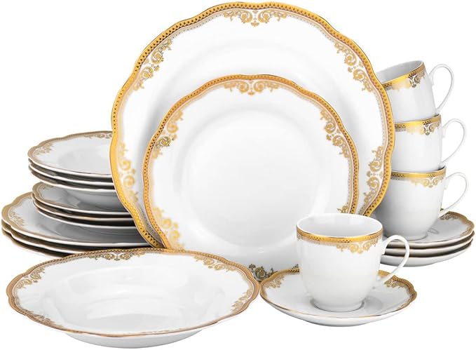 Euro Porcelain 20-pc Luxury Dinnerware Set with Scalloped Edges 24K Gold Ornament HQ Dining Tableware Service for 4