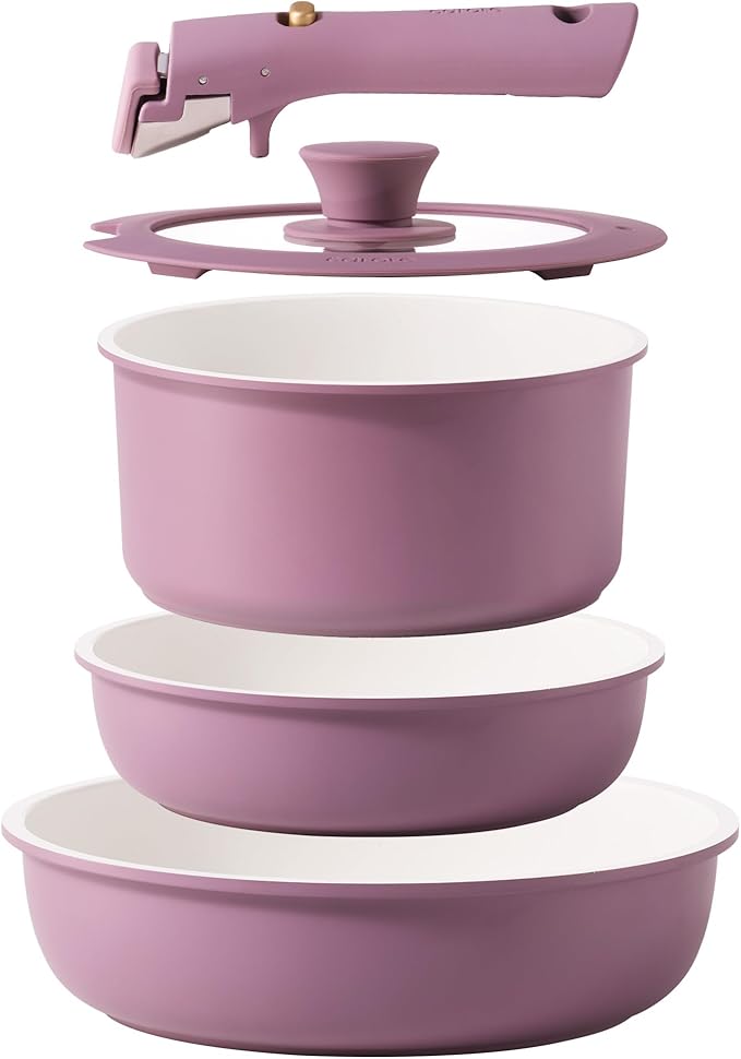 CAROTE 5pcs Pots and Pans Set Non stickCookware Set Detachable Handlekitchen essentialsRV kitchen pot and panInduction CookwareOven SafePFOA PFOS FREEPurple