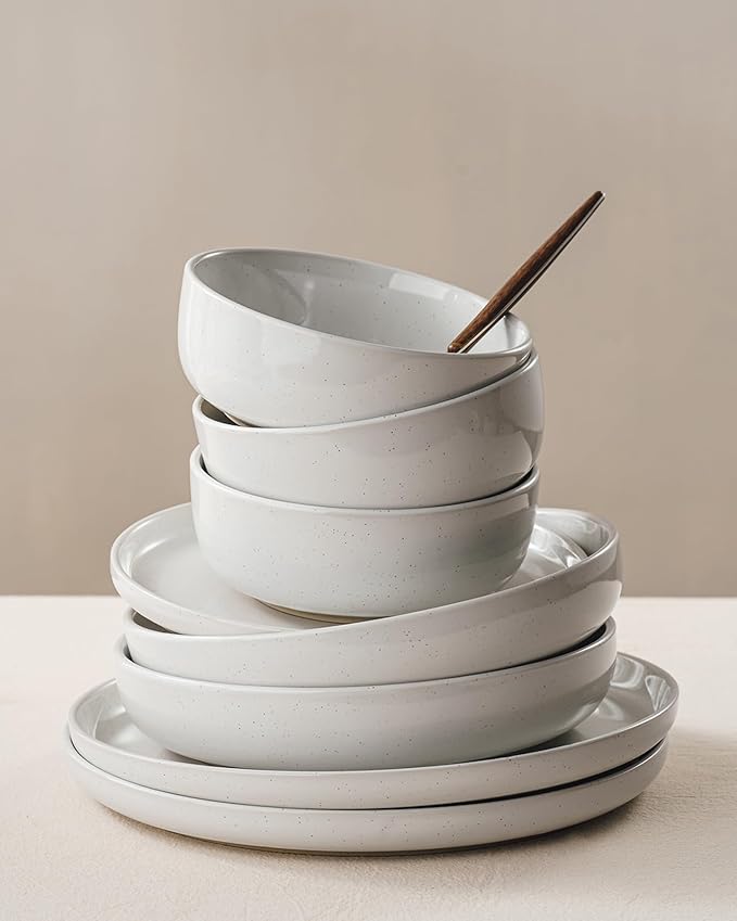 Famiware Milkyway Stoneware Dinnerware Sets with Pasta Bowls Service for 4 (16 Pieces) Plates and Bowls Sets -Scratch Resistant Microwave and Dishwasher Safe Dishes Set White