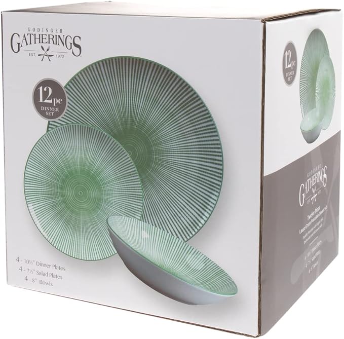 Godinger Laura Green Porcelain 12‑Piece Dinnerware Set Service for 4 – Green &amp White Starburst Design Includes 4 Dinner Plates 4 Salad Plates &amp 4 Bowls Microwave Safe Tableware for Gift Us