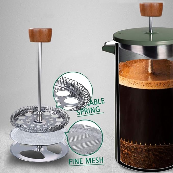 French Coffee Maker with Real Wood Handle Double Wall Insulation Hand Pour Coffee Maker for Coffee Tea