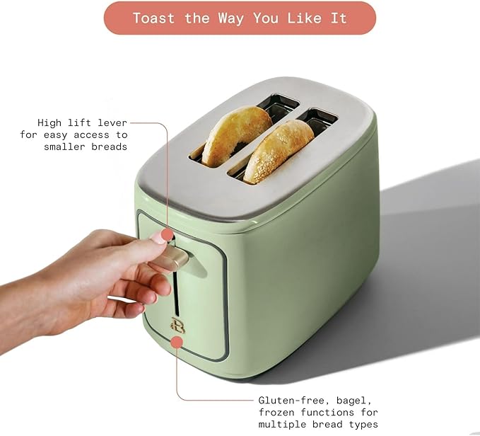 Smart Kitchen Toaster with Touch Interface and Preset Modes Advanced Two-Slice Toaster with Wide Slots and 7 Browning Levels (Sage Green)