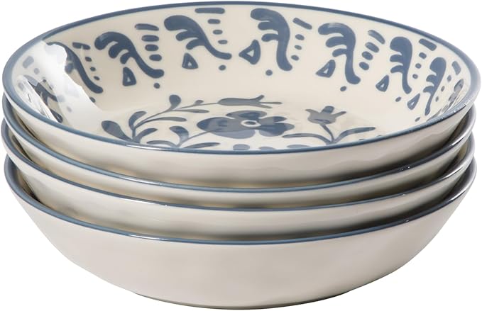 Bloomhouse - 2-Time Oprah’s Favorite Things - Valencia Flor 4 Piece Dinner Bowl Set 8” Stoneware Pasta Bowls Mediterranean Floral Decal Design Microwave &amp Dishwasher Safe Iris Blue