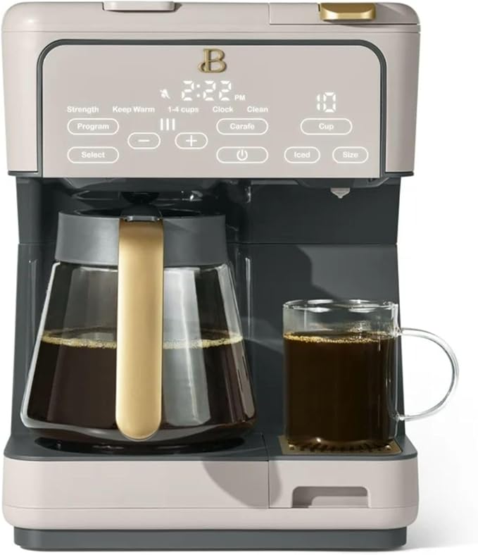 Multi-Brew Coffee Maker 12-Cup Carafe + Single-Serve Pods or Grounds Over Ice Touch Display by Drew Barrymoree. (Porcini Taupe)