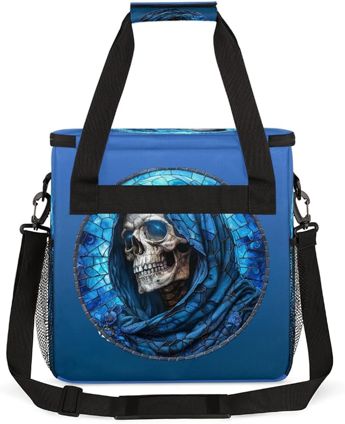 Halloween Skull Blue Coffee Maker Carring Bag Travel Carrying Storage Tote Bag Compatible with Keurig K-Mini or K-Mini Plus Portable Single Serve Coffee Brewer Case with Pockets for K-cup Pods