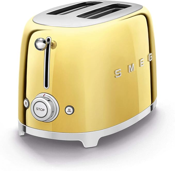 Smeg TSF01GOUS 50's Retro Style Toaster Bundle with Bamboo Tongs - (Gold) 2 Slice