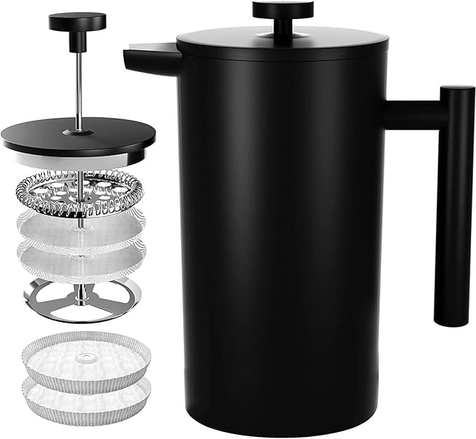 French Press Coffee MakerStainless Steel Double Wall Insulated Coffee Press 34 oz4-8 Cups Portable Hot Cold Brew Teapot Cafetera for Coffee Bar Accessories Kitchen Camping (Black34oz)