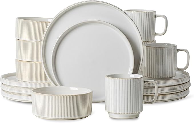 16-Piece Ribbed Ceramic Dishware Set Service for 4 Plates Bowls &amp Mugs Dinnerware Set for Kitchen Microwave and Dishwasher Safe - White
