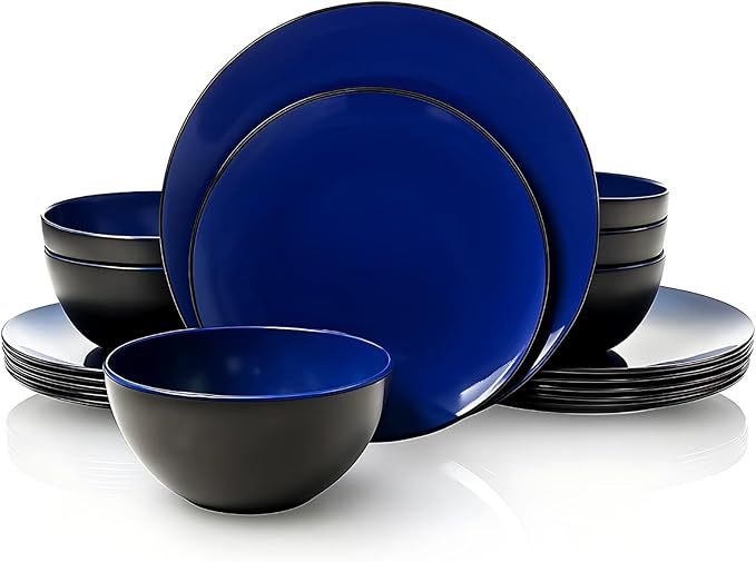 TP 18-Piece Dinnerware Set Melamine Dishes Set with Bowls and Plates Service for 6 Non-breakable Lightweight Dining Tableware Blue and Black