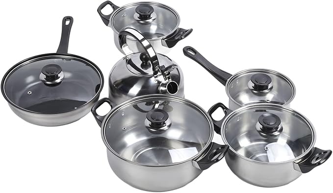 Stainless Steel Cookware Set with Plastic Black Handles Includes Saucepan Stock Pots Non Stick Frying Pan Tea Kettle Complete Kitchen Solution