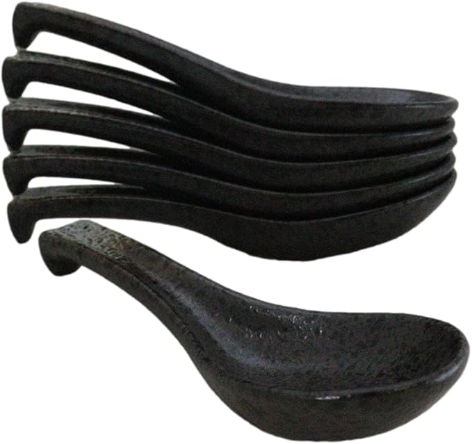 Ebros Gift Artistic Charcoal Grey Tone Hakumu Ceramic Collection Dinnerware Serveware Kitchenware Set Asian Japanese Restaurant Supply (Pack Of 6 Ladle Hook Style Soup Spoons)