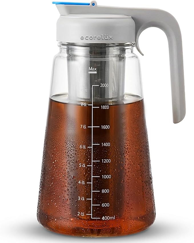 ECORELAX Cold Brew Coffee MakerHigh Transparency Borosilicate Glass Container with Stainless Steel Filter Iced Tea Pitcher with LidModern Style Ergonomic HandleSpill-proof Lid (（Gray 64oz)