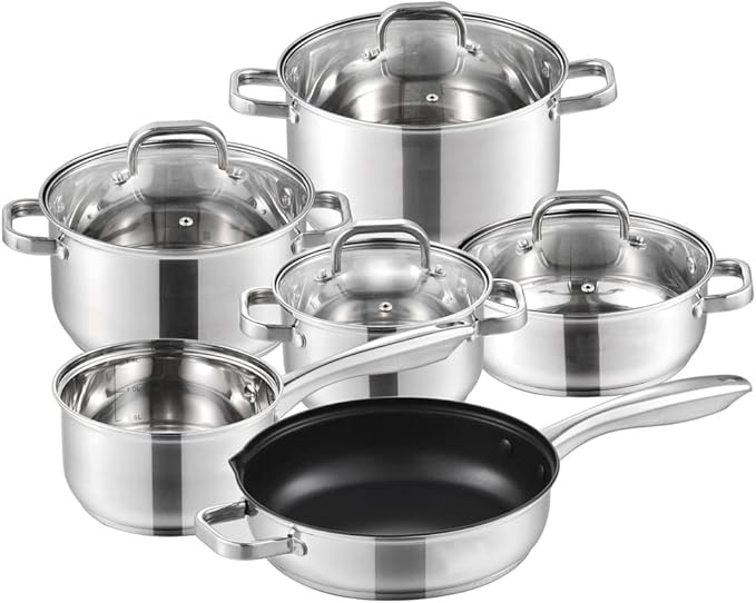 Cooking Pot Frying panStainless Steel Cookware Set 10 Piece Safety Induction Pan Set Nonstick Skillet Casserole with Glass Lid(