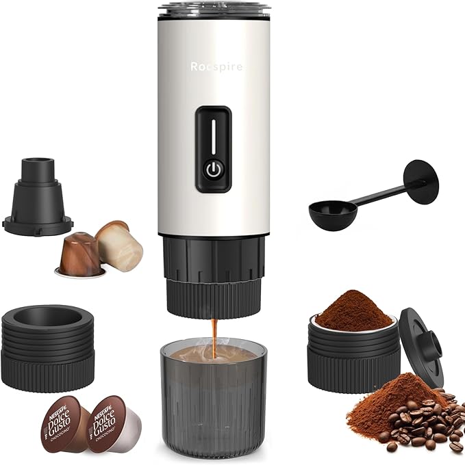 Portable Espresso Maker with Stainless Steel Body | 7500mAh Rechargeable Battery | 20 Bar Self-Heating with USB-C | Works with Most Capsules Compatible for Camping Travel Outdoor (White)
