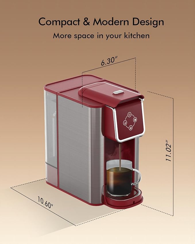 Single Serve Coffee Maker - 3-in-1 K Pod Coffee Machine Ground Leaf Tea 50oz Reservoir Red