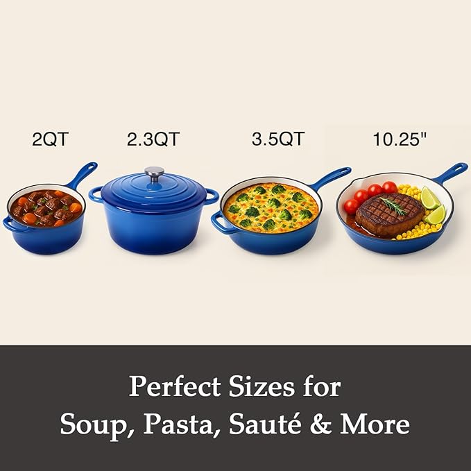 QuliMetal Nonstick Enameled Cast Iron Cookware Set 4-Pcs Pots and Pans with Lid Healthy Round Dutch Oven Pot for Sourdough Bread Baking Oven Safe up to 500° F or on All Stovetop