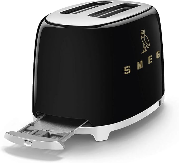 Smeg 2-Slice Toaster Stainless Steel OVO Collection Two Slice Toaster with 6 Presets and Removable Crumb Tray (Glossy Black)