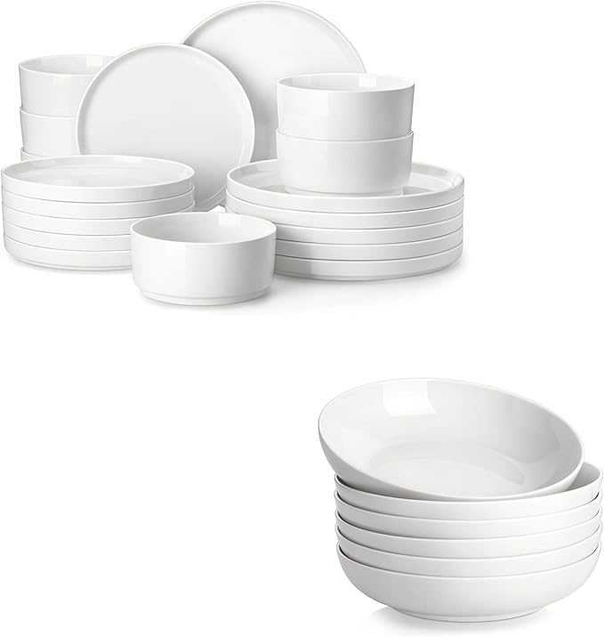 MALACASA 18 Pieces Porcelain Dinnerware Set Bundles 8.85 Large Pasta Bowls Set of 6
