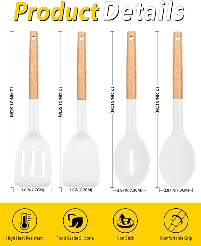Pack of 4 Silicone Cooking Utensils Set Non Stick Solid Spatulas and Heat Resistant Slotted Spoons with Wooden Handle Ideal Wood Kitchen Utensils Set for FryingServingTurningStirring (WHITE)