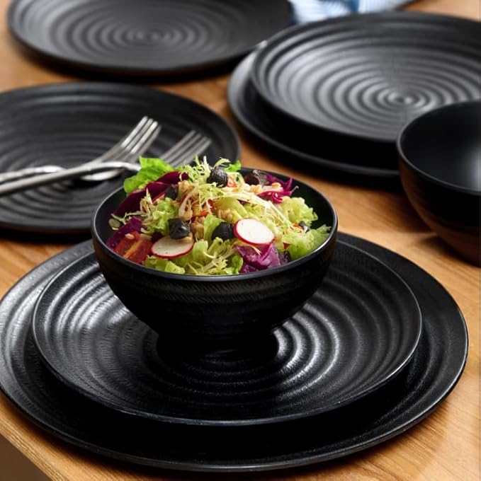 Melamine Dinnerware Sets for 4 12Pcs Plates and Bowls Sets with Modern style Lightweight and Unbreakable Dish Set for Camping RV and BBQ Dishwasher Safe BPA free(Black)