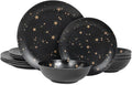 Black Melamine Dinnerware Sets - 12pcs Plates and Bowls Sets Unbreakable Camping Dishes Set for 4 Indoor and Outdoor Use Non-breakable Dinner Set - Star