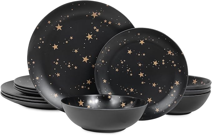 Black Melamine Dinnerware Sets - 12pcs Plates and Bowls Sets Unbreakable Camping Dishes Set for 4 Indoor and Outdoor Use Non-breakable Dinner Set - Star