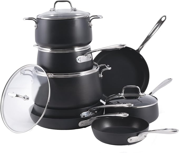 All-Clad HA1 Hard Anodized Nonstick Cookware Set 13 Piece Induction Oven Broiler Safe 500F Lid Safe 350F Pots and Pans Black