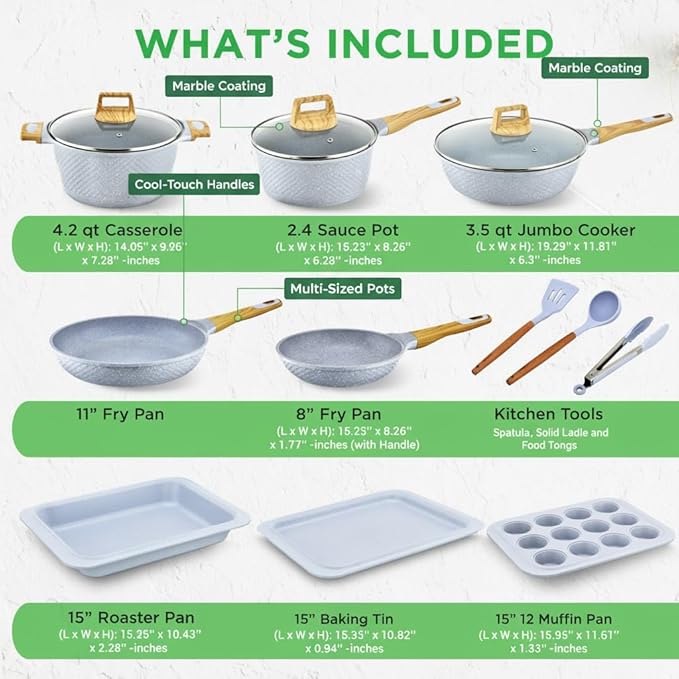 NutriChef 22‑Piece Non‑Stick Ceramic Pots and Pans Set – For All Cooktops Including Induction – PTFE &amp PFAS Free Includes Bakeware &amp Utensils
