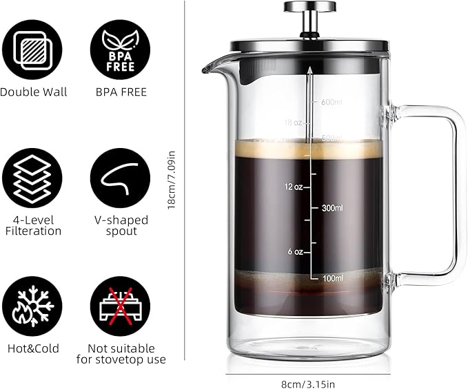 Bincoo French Press Coffee Maker 600MLDouble Wall Insulated Borolicate Glass French Press for Tea and Frothed Milk Press