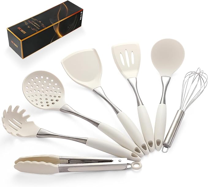 Premium White Silicone Cooking Utensils Set-Non-Toxic Heat Resistant BPA Free Kitchen Utensils Set with Spatula Spoon Whisk &amp Tongs-Non-Stick&amp Dishwasher Safe for Nonstick Cookware