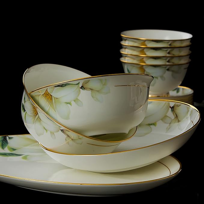 60 Pieces Dinnerware Set Porcelain Bone China Kitchen Dinner Set with Cereal Bowls Dessert Plates Soup Plates Fish Plate Dishes and Soup Pot Service for 10 People Dishwasher and Microwave Safe