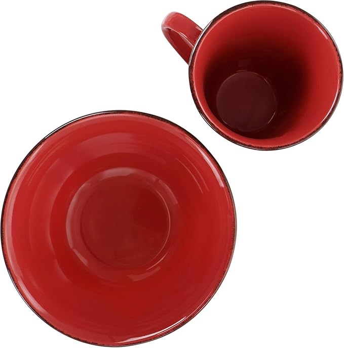 16 Piece Stoneware Dinnerware Set – Rustic Birch Embossed Plates and Bowls Dishwasher &amp Microwave Safe Dinner Set for 4 Elegant Scalloped Edges and Wood-Inspired Design (Red)