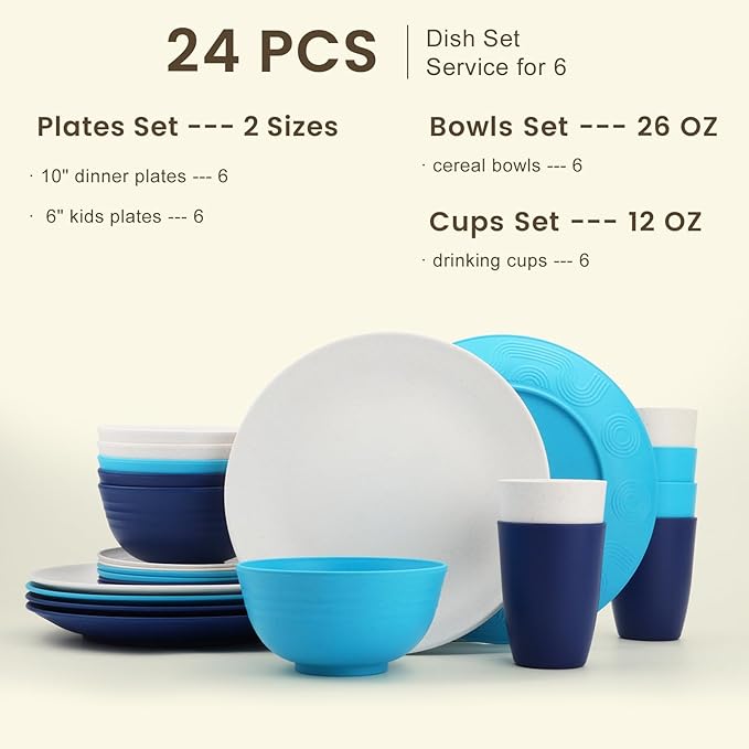 Homienly 24 PCS Wheat Straw Dinnerware Set for 6 Dinner PlatesDessert PlatesCereal BowlsDrinking CupsUnbreakable Dishwasher and Microwave Safe Dish Sets for KitchenOutdoor - Island Series