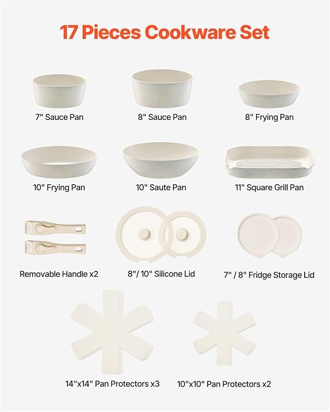17 Piece Granite Nonstick Pots And Pans Set Induction Compatible Kitchen Cookware White