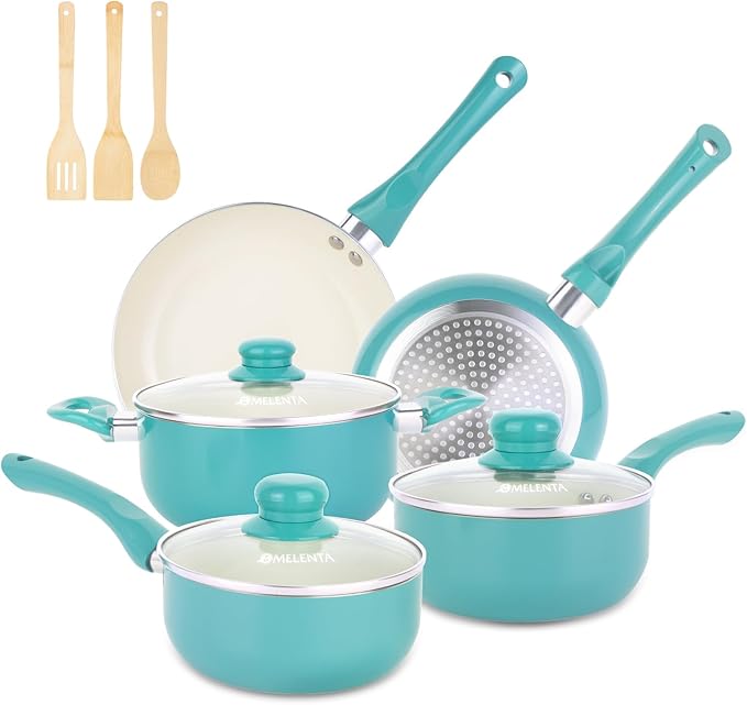 Pots and Pans Set Nonstick 11pcs Kitchen Cookware Sets Induction Cookware Ceramic Non Stick Cooking Set Stay Cool Handle &amp Bamboo Kitchen Utensils 100% PFOA Free Turquoise
