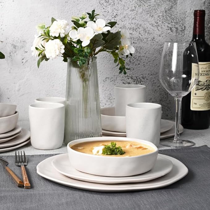 Cabtnca Plates and Bowls Sets for 4 16 Pcs Modern Stoneware Dinnerware Sets Highly Chip Scratch Resistant Microwave &amp Dishwasher Safe Irregular Dish Set for Kitchen Home Speckled White