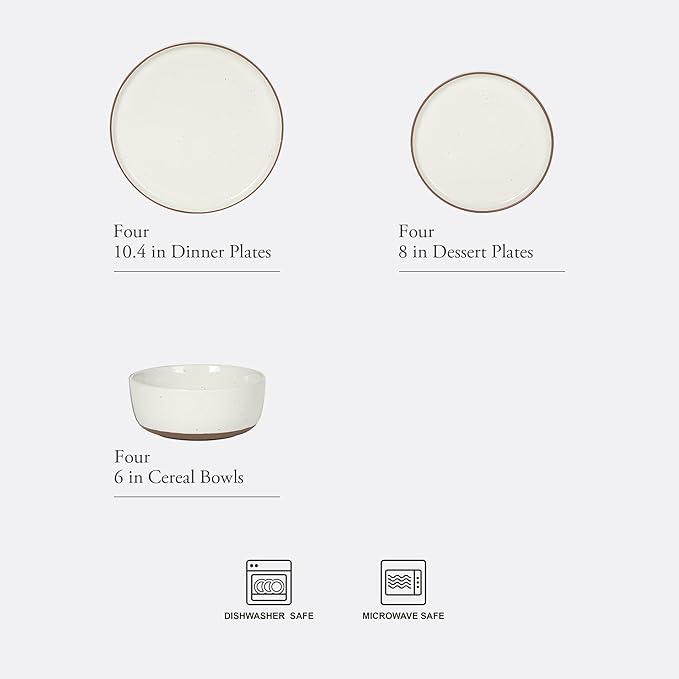 Gibson Elite Northrock Stoneware Dinnerware Set 12-Piece Service for 4 Plates and Bowls Set – White Dishes with Hand-Painted Terracotta Base