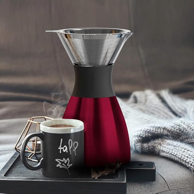 asobu Insulated Pour Over Coffee Maker (32 oz.) Double-Wall Vacuum Stainless-Steel Filter and Take on the Go Carafe (Burgundy)