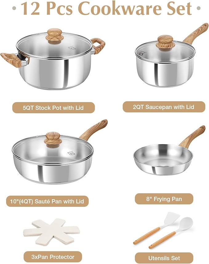 KOCH SYSTEME CS Stainless Steel Pots and Pans Set Professional 18/10 Cookware Set Pots and Pans Set 12PCS with Cool-Touch Bakelite Handles Tri-ply Base Kitchen Cookware Sets Induction Compatible