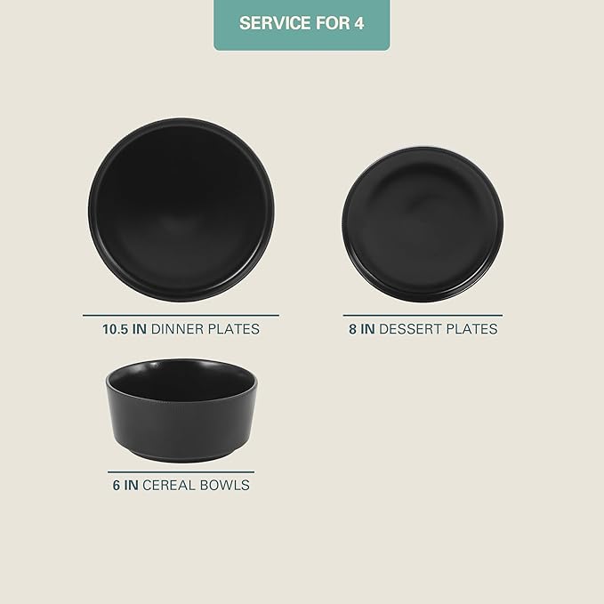 Gibson Home Dempsey Road 12-Piece Stoneware Dinnerware Set – Service for 4 Round Black Plates and Bowls Durable Solid Color Modern Embossed Dish Set Microwave &amp Dishwasher Safe