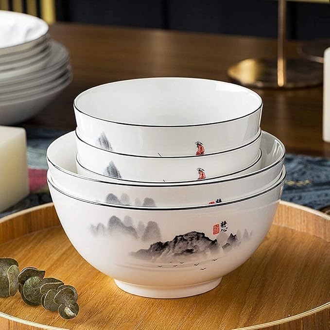 Chinese Dinnerware Set for 4/6/12 Black and White Plates and Bowls Porcelain 18 Pieces