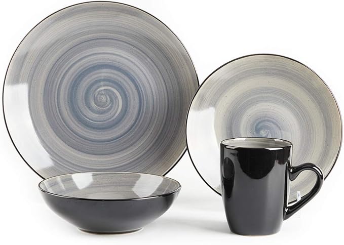 Sonoma 16 Piece Stoneware Dinner Set Samoa Outside Black + Inside Hand painted Combi Colors of Grey Orange Purple and Turquoise) with speckle