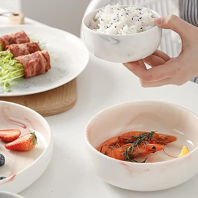 Kitchen Tableware SetCeramics Dinnerware Set Pink Marbling Chip Resistant Dinner Set/Porcelain Combination Tableware-Plates and Bowls Set for Indoor Outdoor Party
