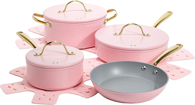 Paris Hilton 12-Piece Pink Nonstick Pots and Pans Set Multi-layer Nonstick Coating Tempered Glass Lids Soft Touch Stay Cool Handles Made without PFOA Dishwasher Safe Cookware Set