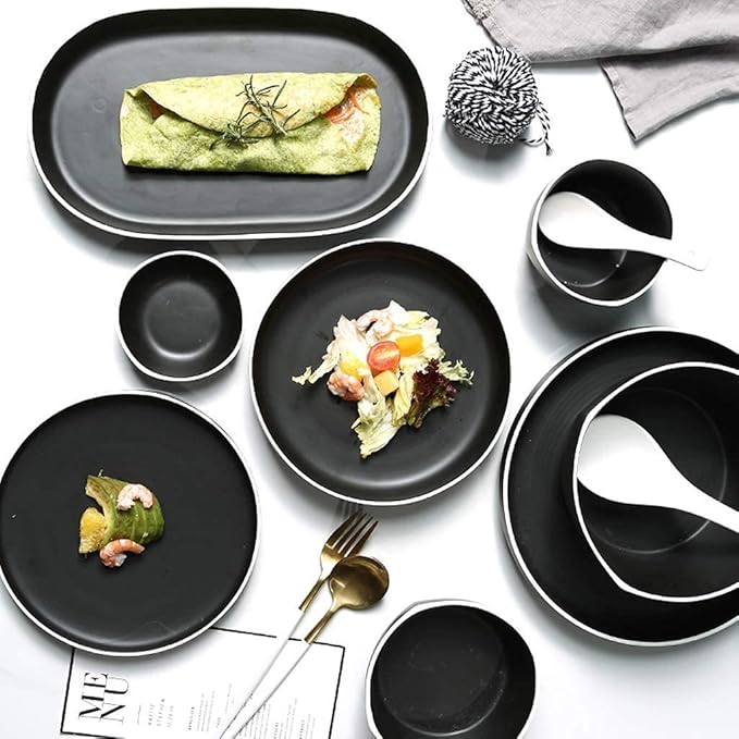 Dinner SetCeramics Dinner Sets 48 Pieces Porcelain Dinnerware Combination Set | Black Matte Steak Plates and Cereals Bowls Sets for Special Restaurant